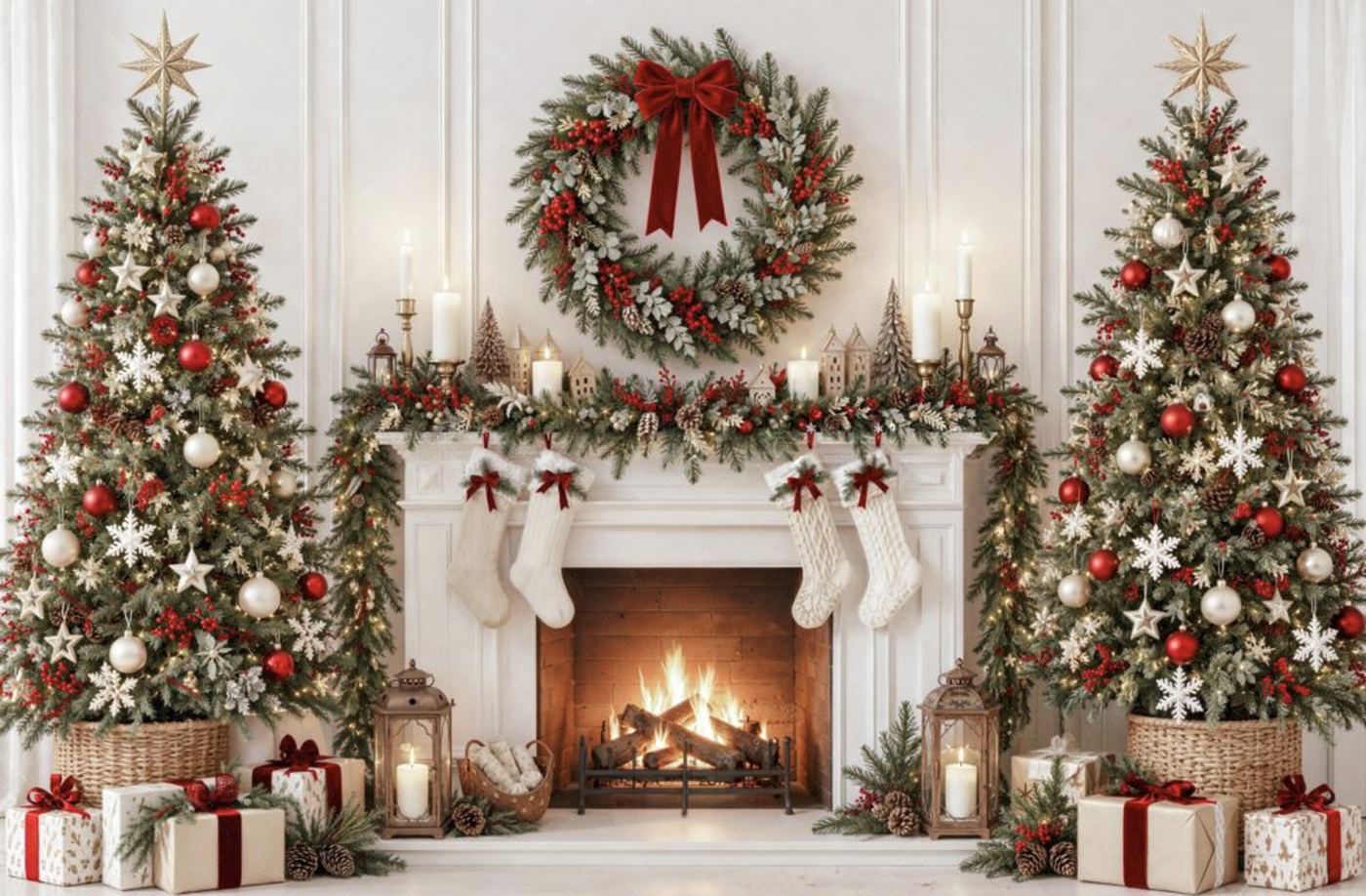 Le décor de Noël 2026 : cheminée blanche, deux sapins illuminés, couronne et cadeaux